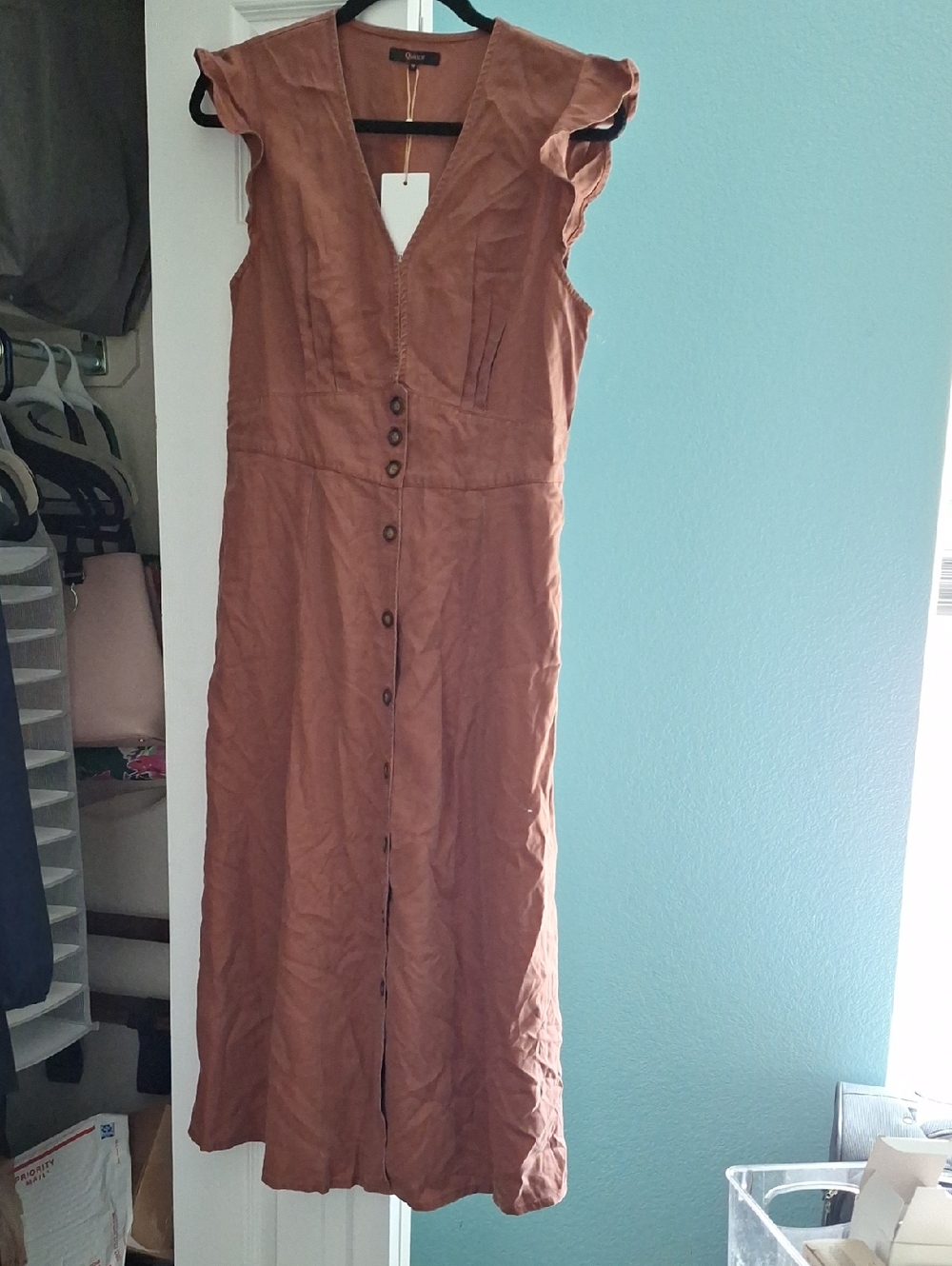 Quince Vintage Wash Tencel Button Front Midi Dress Terracotta M NWT - Picture 2 of 4